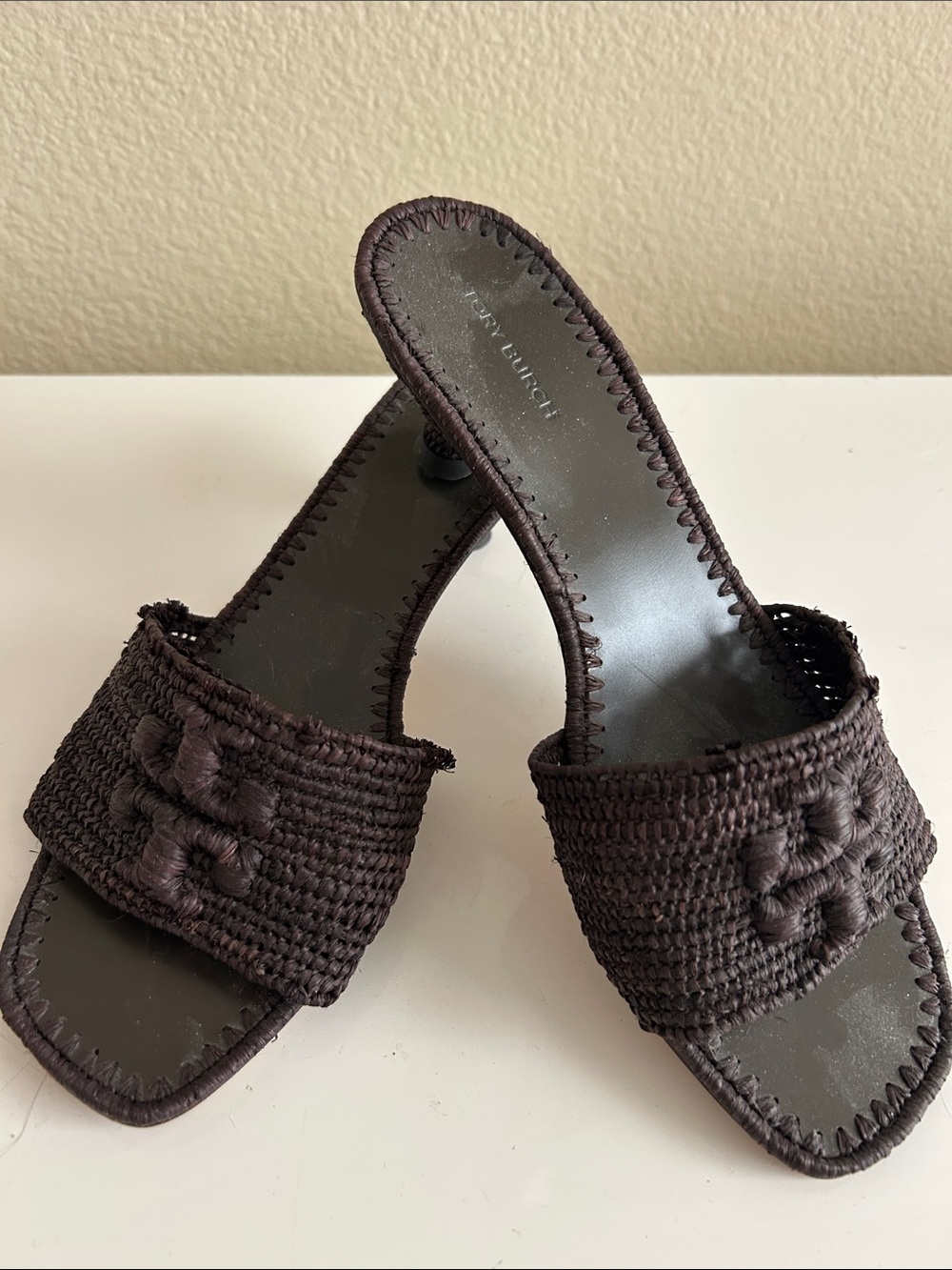 Tory Burch Dark Brown Woven Slide Mules